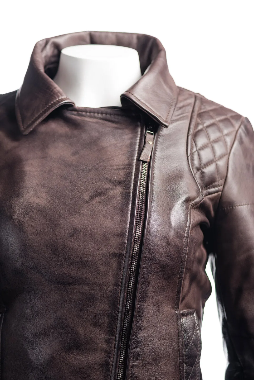 Ladies Brown Slim Fit Diamond Quilted Biker Style Leather Jacket With Detachable Hood: Flora