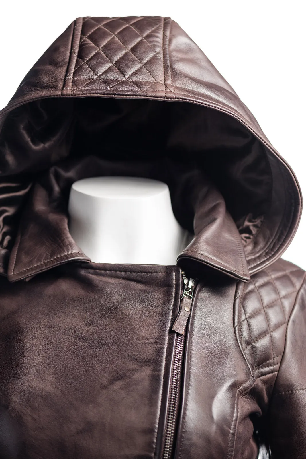 Ladies Brown Slim Fit Diamond Quilted Biker Style Leather Jacket With Detachable Hood: Flora