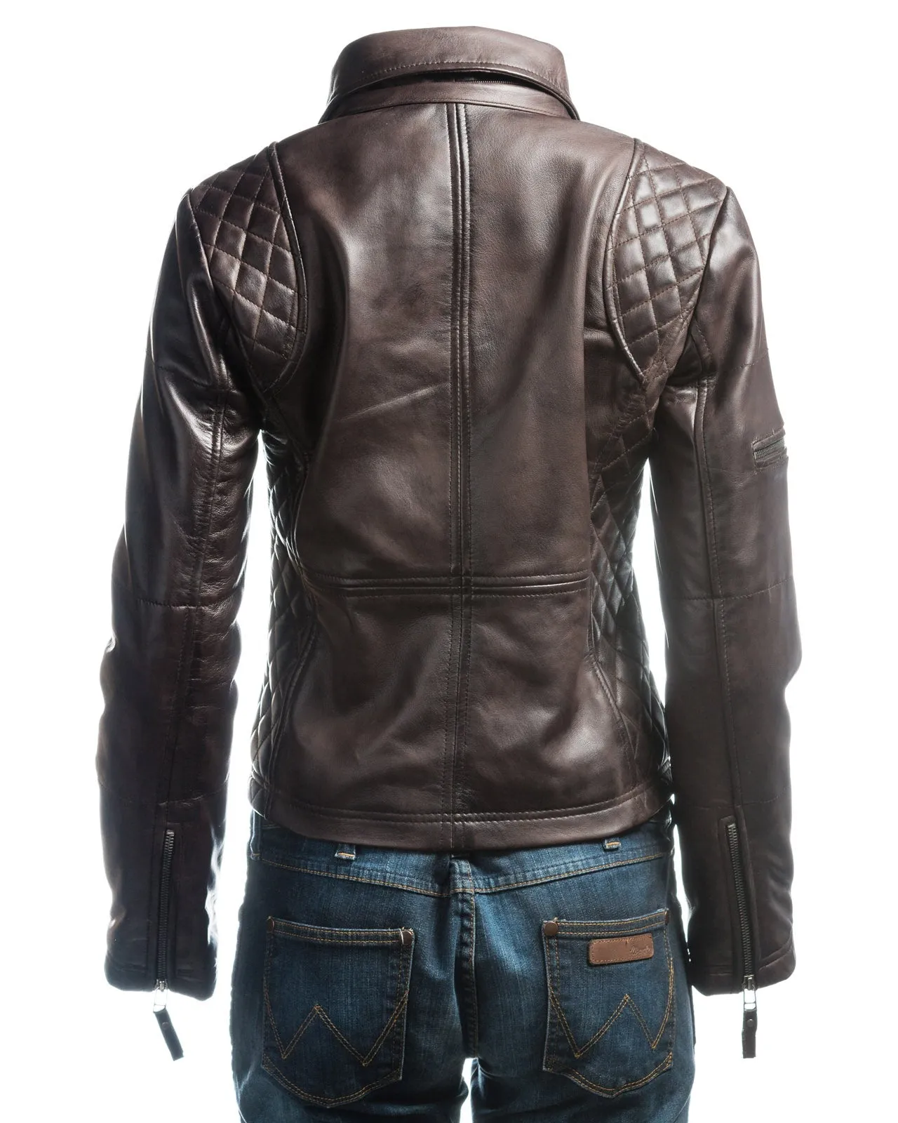 Ladies Brown Slim Fit Diamond Quilted Biker Style Leather Jacket With Detachable Hood: Flora