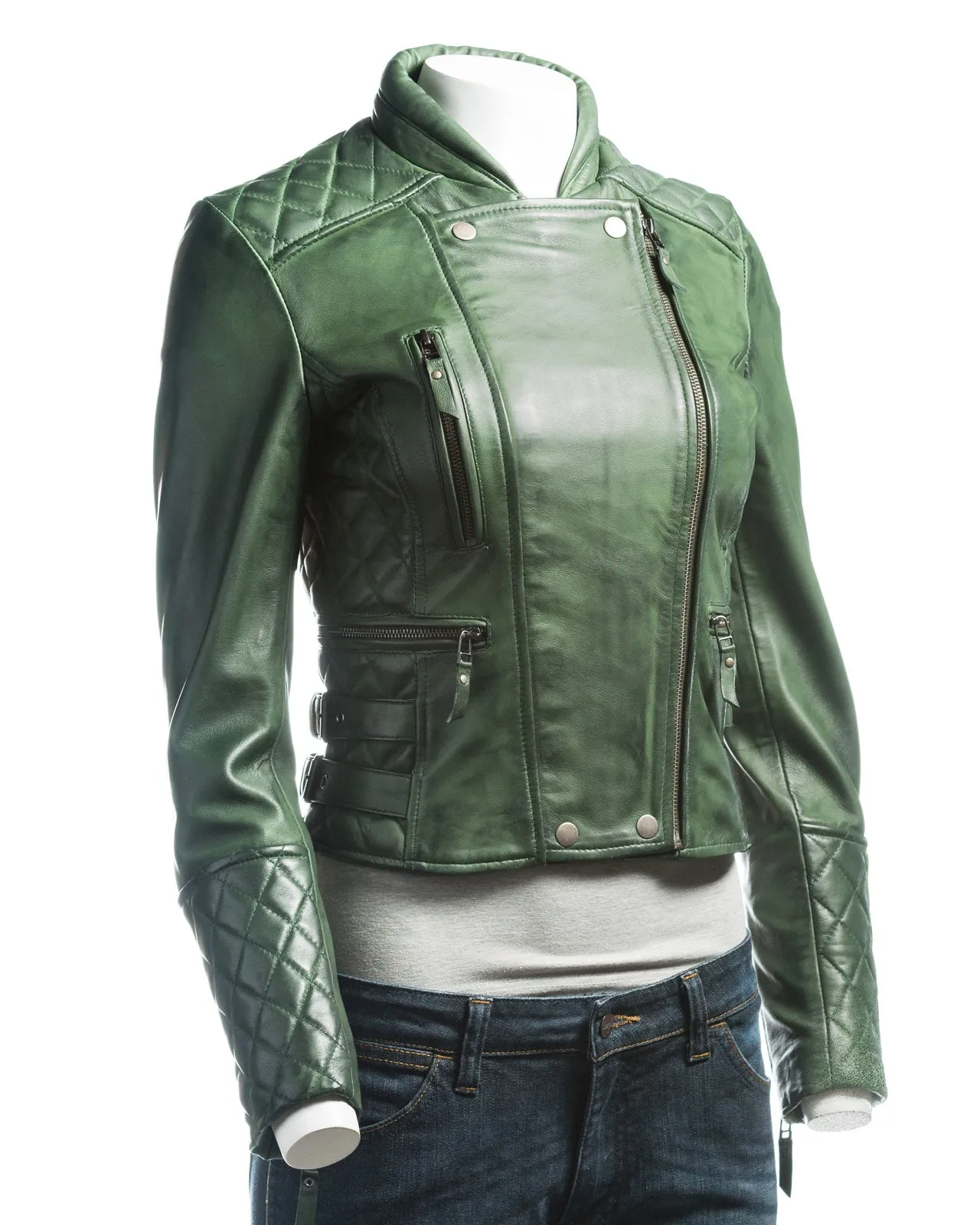 Ladies Brown Slim Fit Diamond Quilted Biker Style Leather Jacket With Detachable Hood: Flora