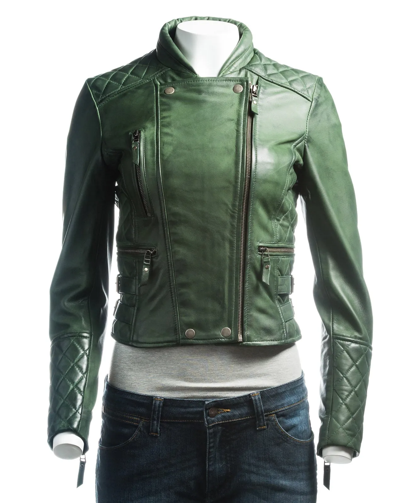 Ladies Brown Slim Fit Diamond Quilted Biker Style Leather Jacket With Detachable Hood: Flora