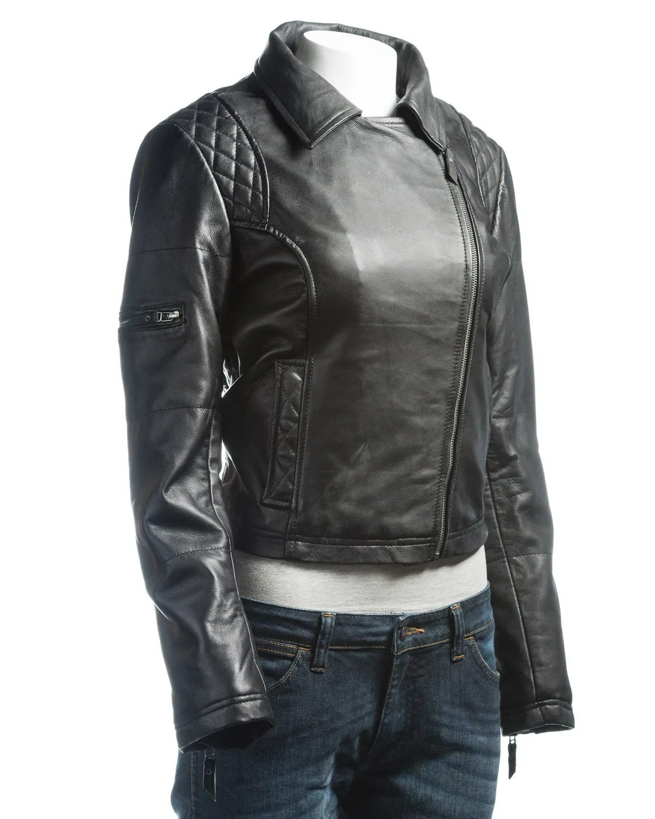 Ladies Green Slim Fit Diamond Quilted Biker Style Leather Jacket With Detachable Hood: Flora