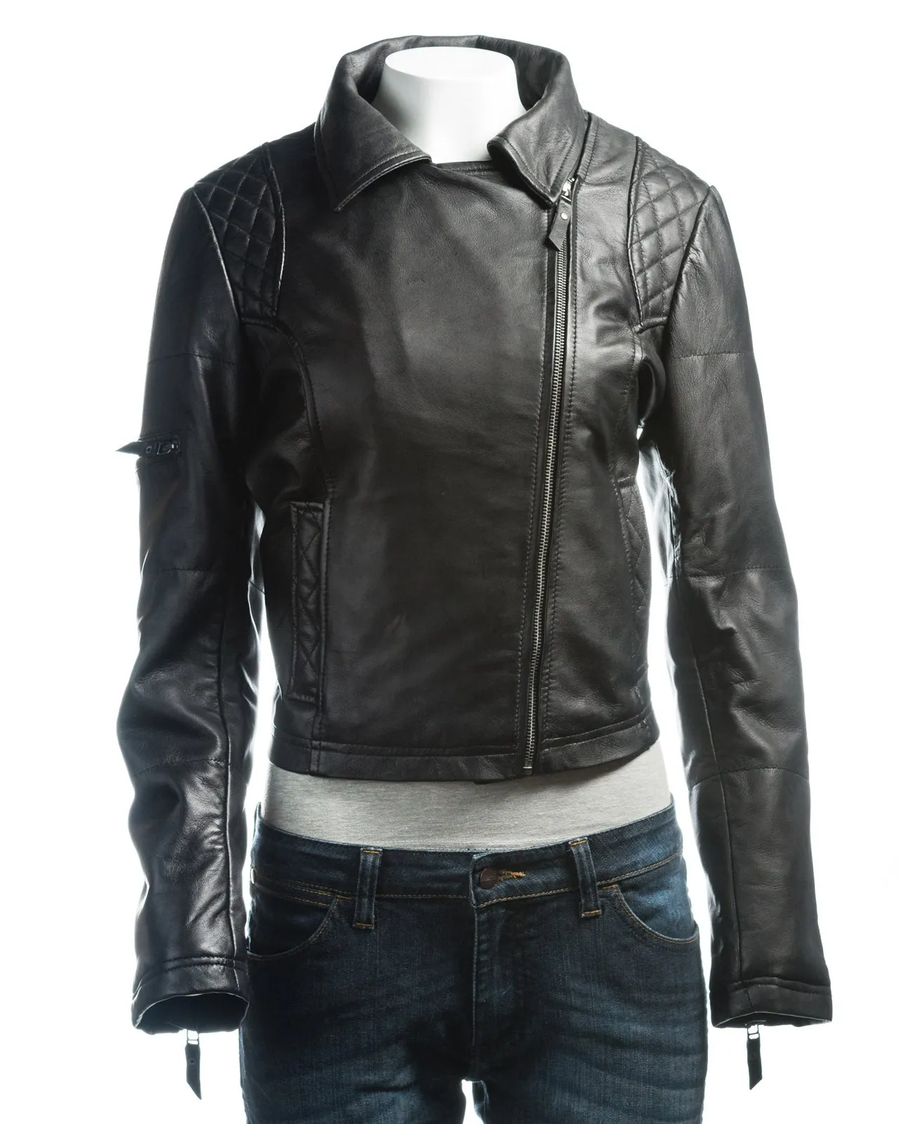 Ladies Green Slim Fit Diamond Quilted Biker Style Leather Jacket With Detachable Hood: Flora