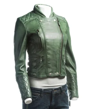 Ladies Green Slim Fit Diamond Quilted Biker Style Leather Jacket With Detachable Hood: Flora