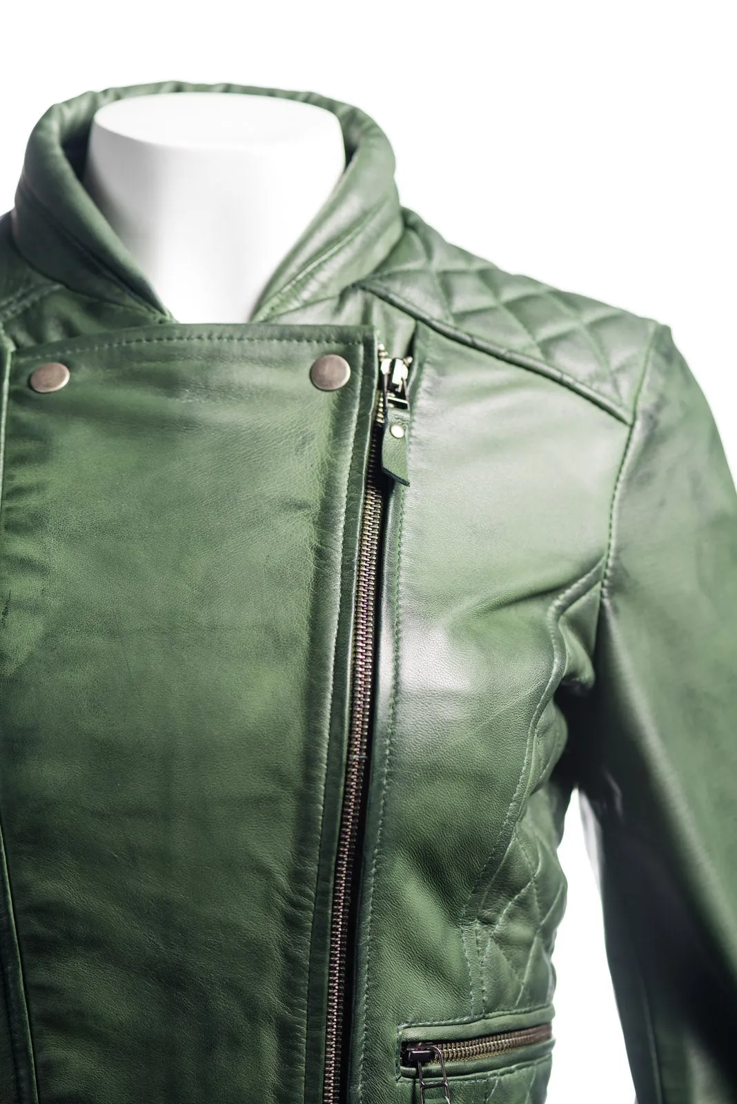 Ladies Green Slim Fit Diamond Quilted Biker Style Leather Jacket With Detachable Hood: Flora