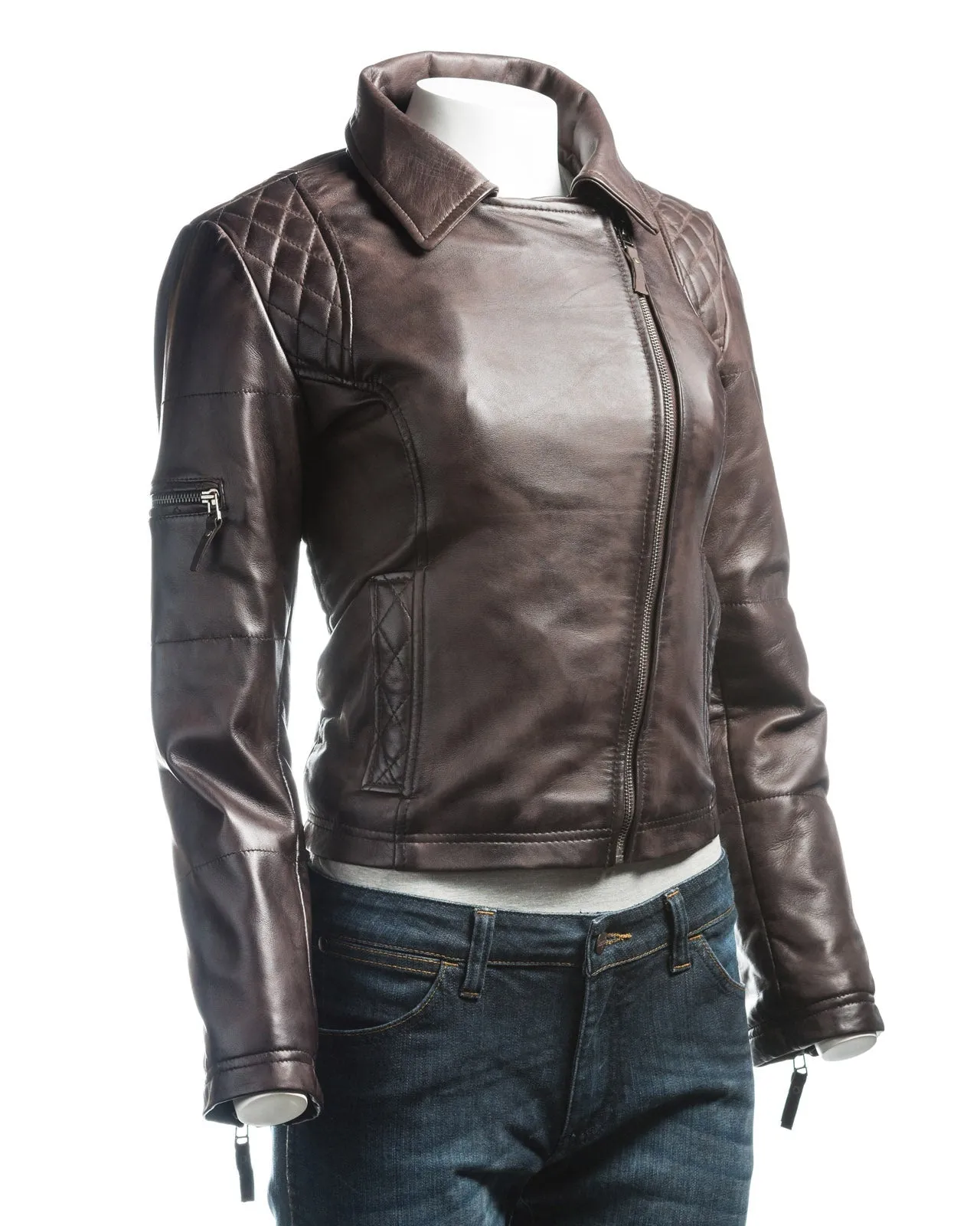 Ladies Green Slim Fit Diamond Quilted Biker Style Leather Jacket With Detachable Hood: Flora