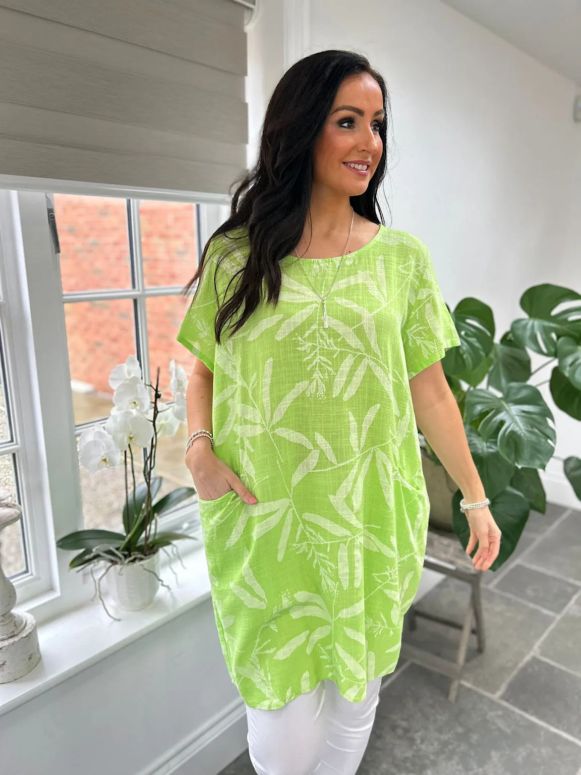 Lime Leaf Pattern Pocket Dress Rebecca