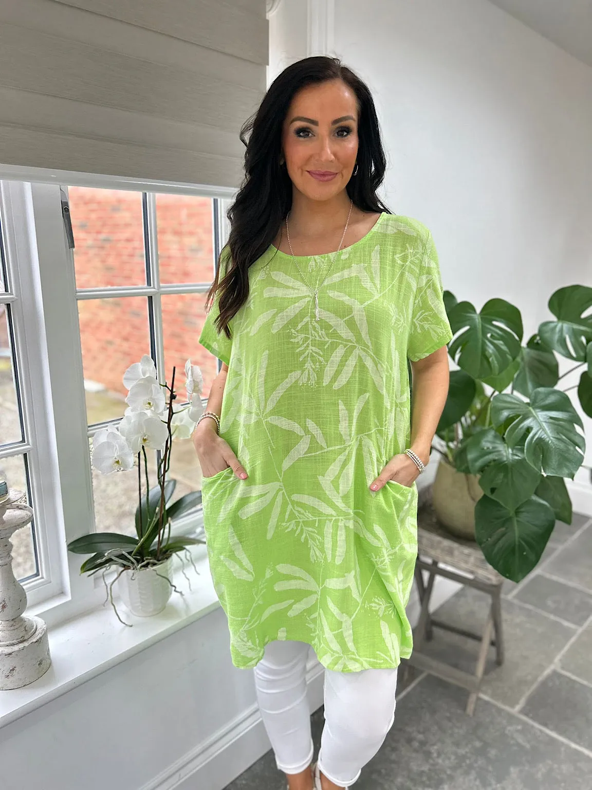 Lime Leaf Pattern Pocket Dress Rebecca