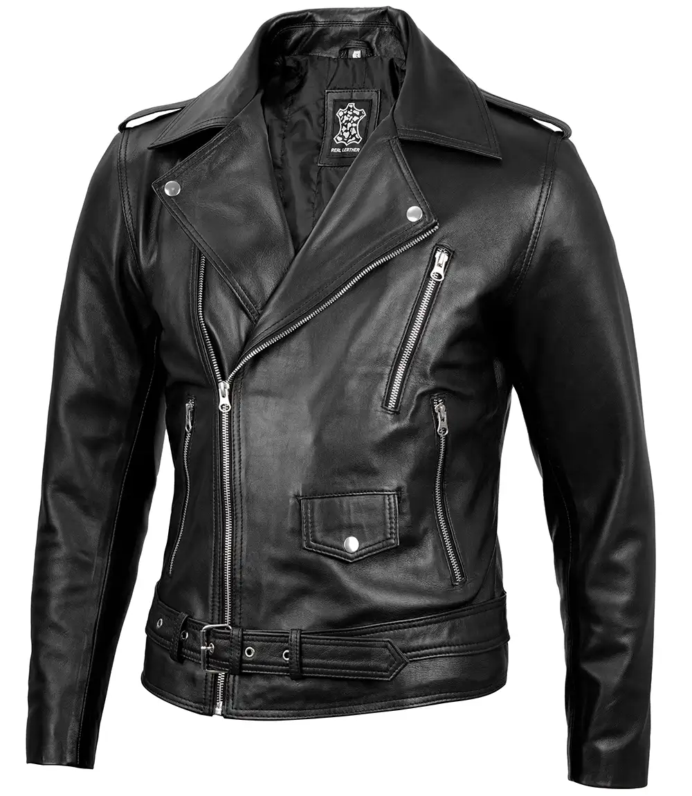 Men's Black Belted Moto Leather Jacket - Biker Style