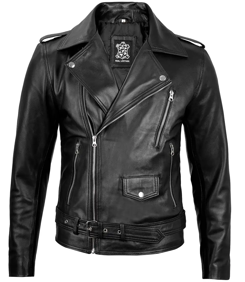 Men's Black Belted Moto Leather Jacket - Biker Style