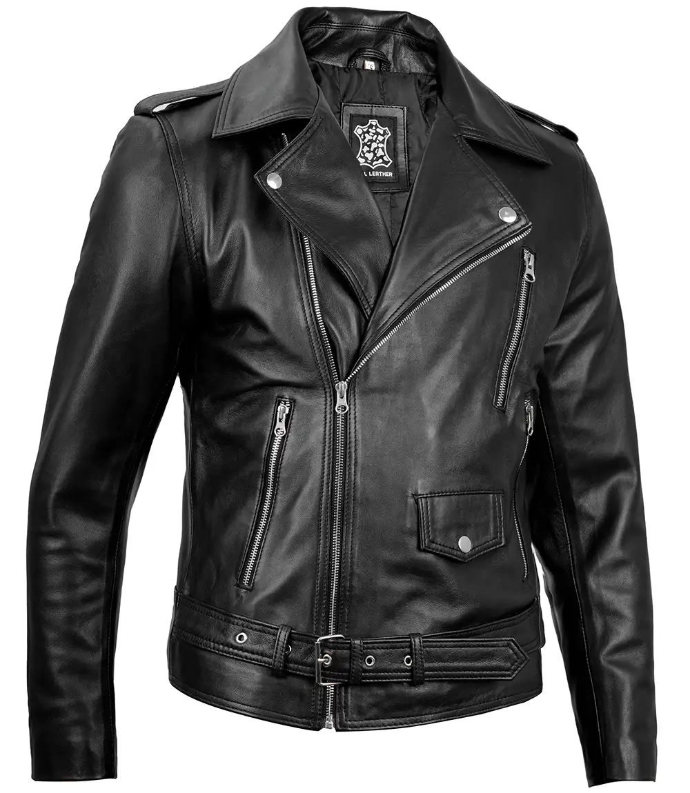 Men's Black Belted Moto Leather Jacket - Biker Style