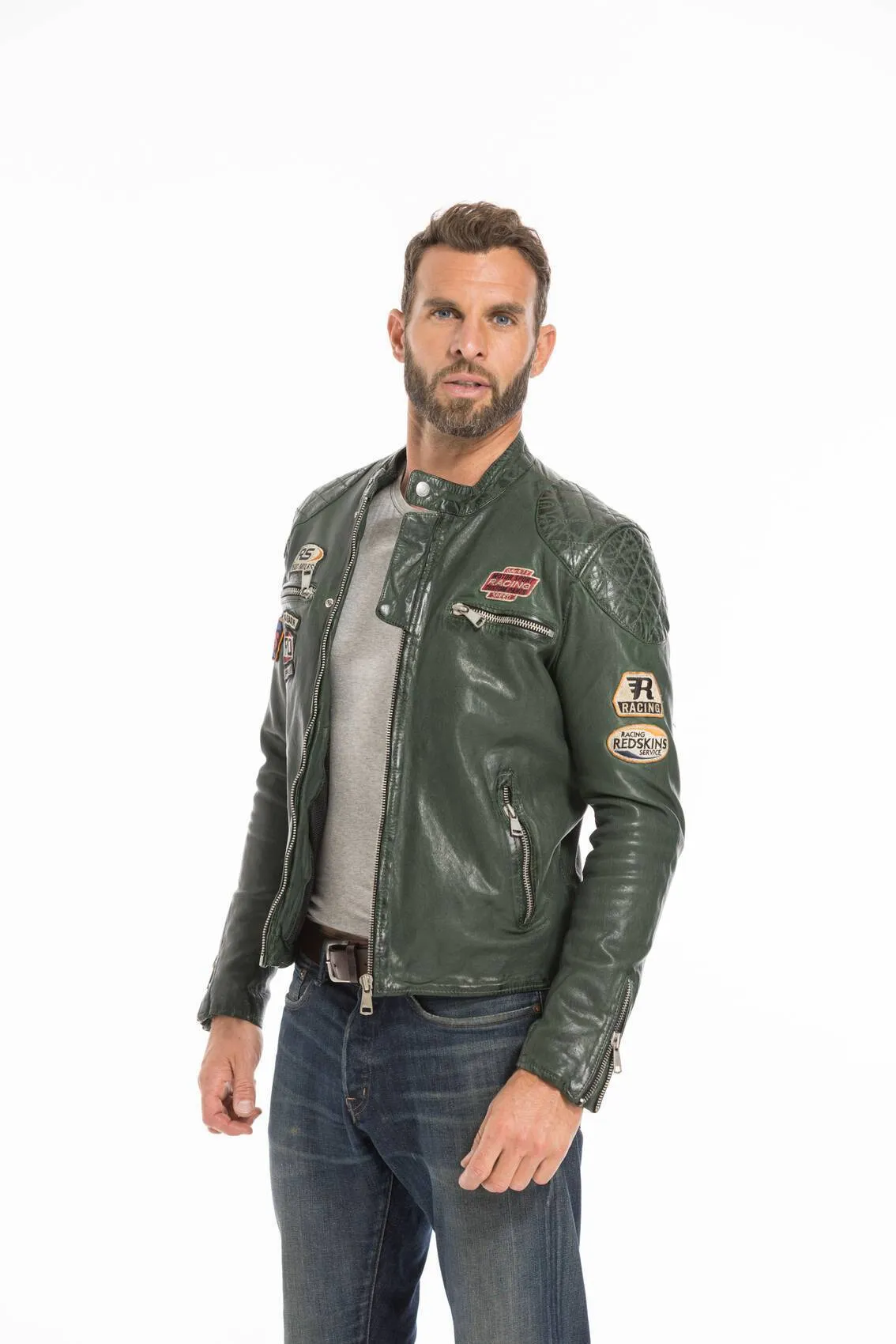 Men's green motorcycle style leather jacket nitro barcelona