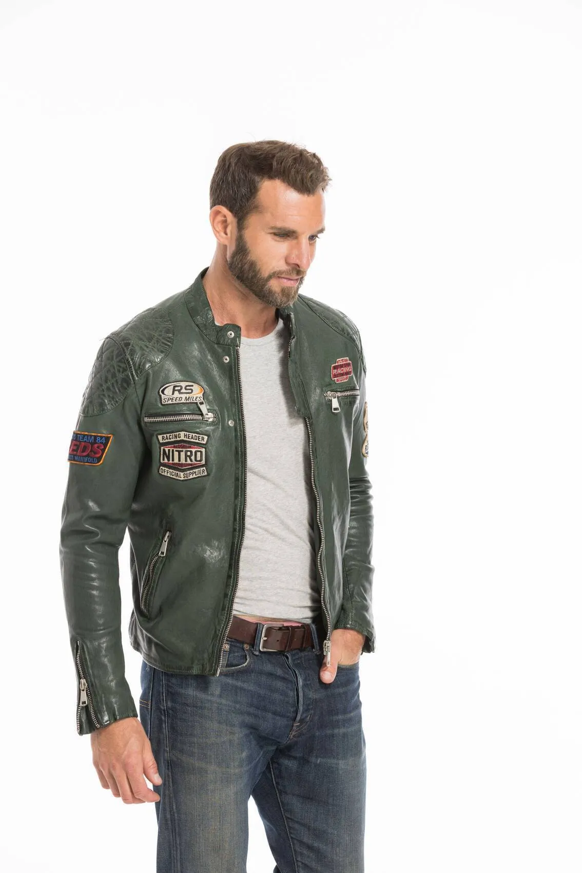 Men's green motorcycle style leather jacket nitro barcelona