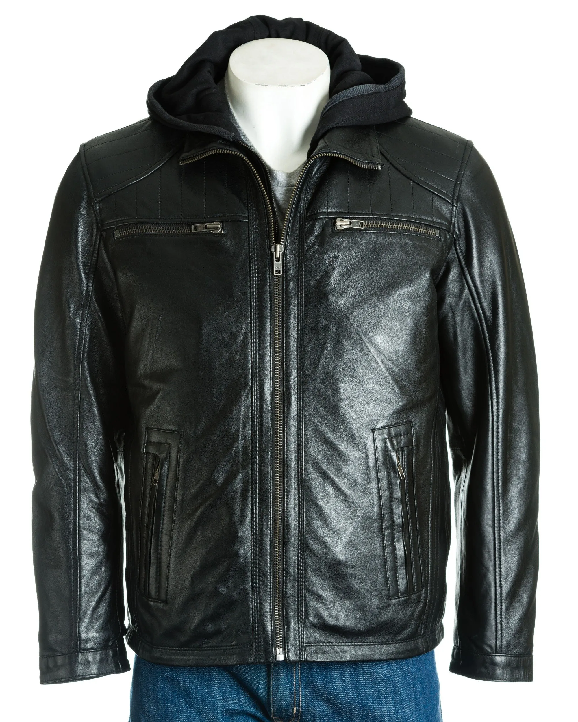 Men's Leather Jacket with Detachable Hood: Geremia