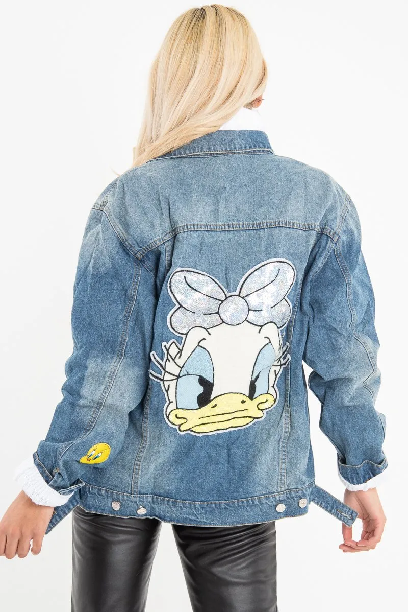 Mid Wash Cartoon Embroidered Denim Jacket - Liona