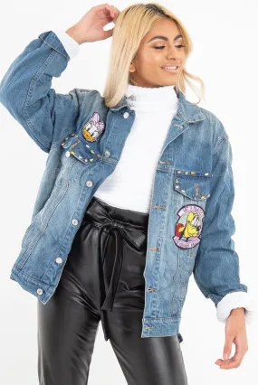 Mid Wash Cartoon Embroidered Denim Jacket - Liona