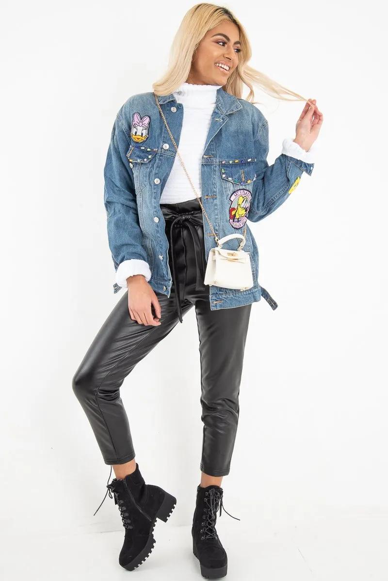 Mid Wash Cartoon Embroidered Denim Jacket - Liona