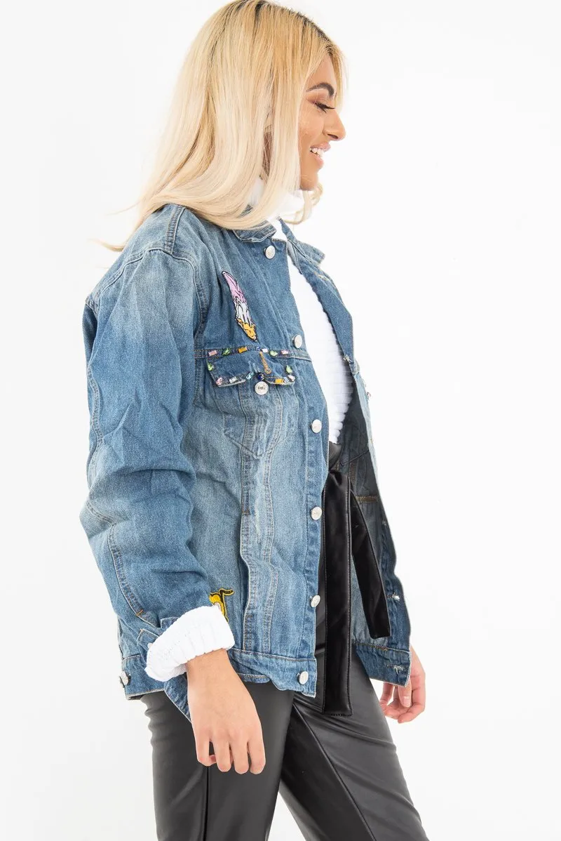 Mid Wash Cartoon Embroidered Denim Jacket - Liona