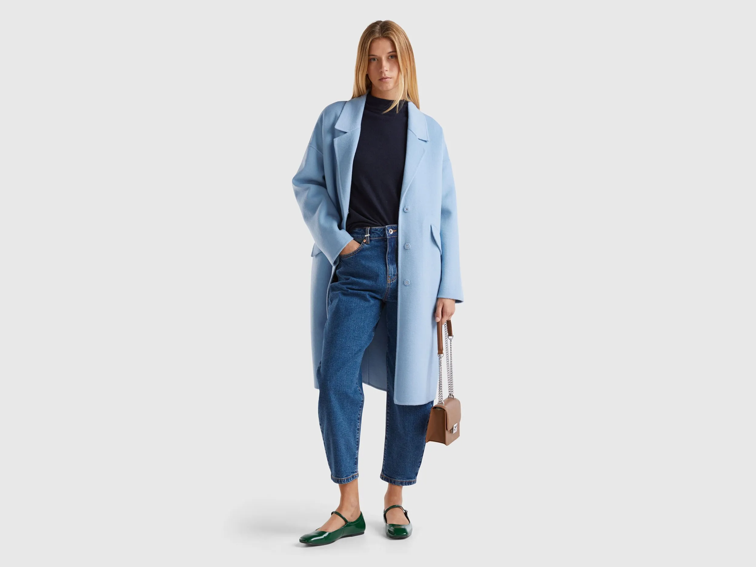 Midi coat in wool blend - Light Blue | Benetton