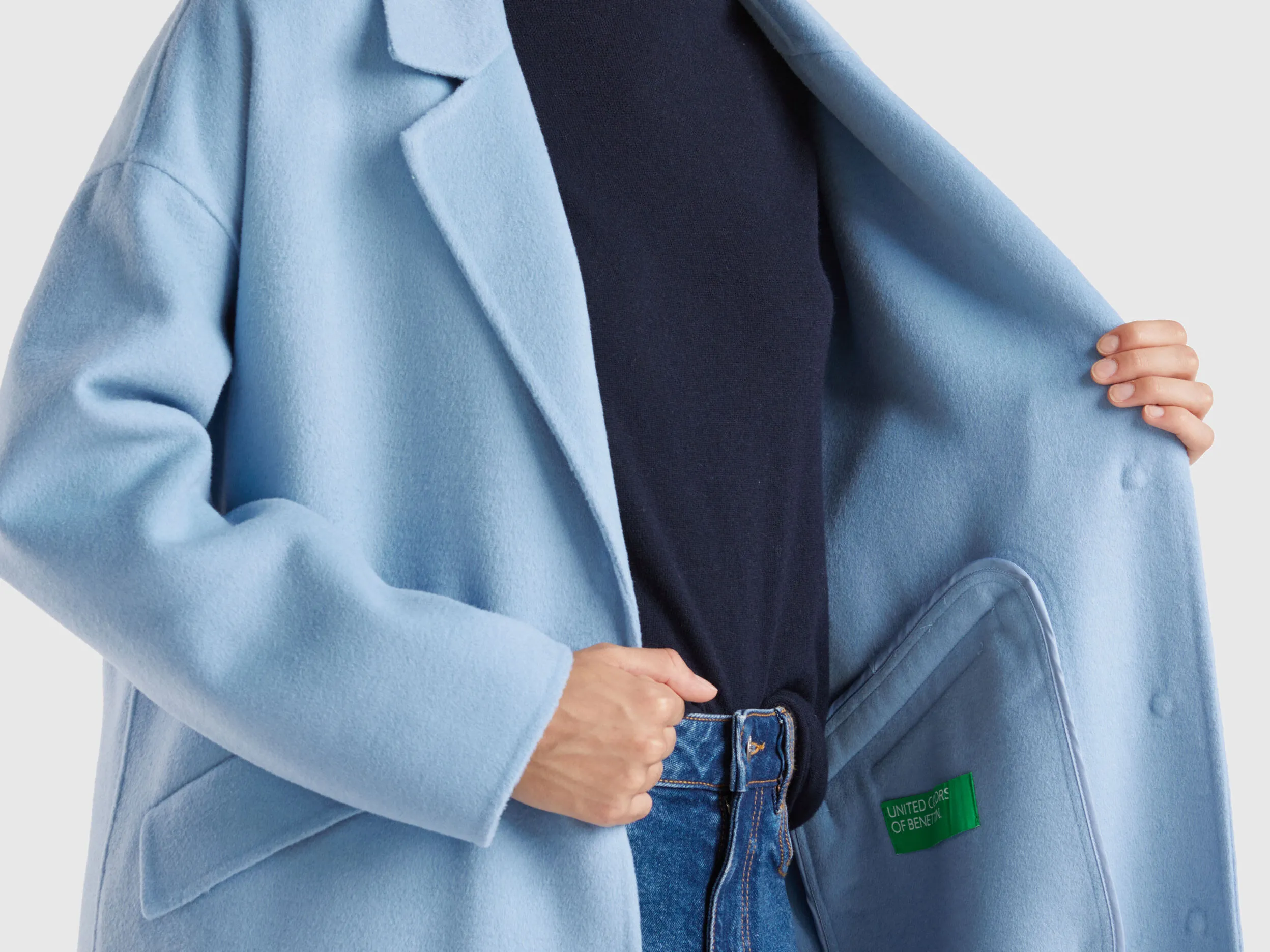 Midi coat in wool blend - Light Blue | Benetton