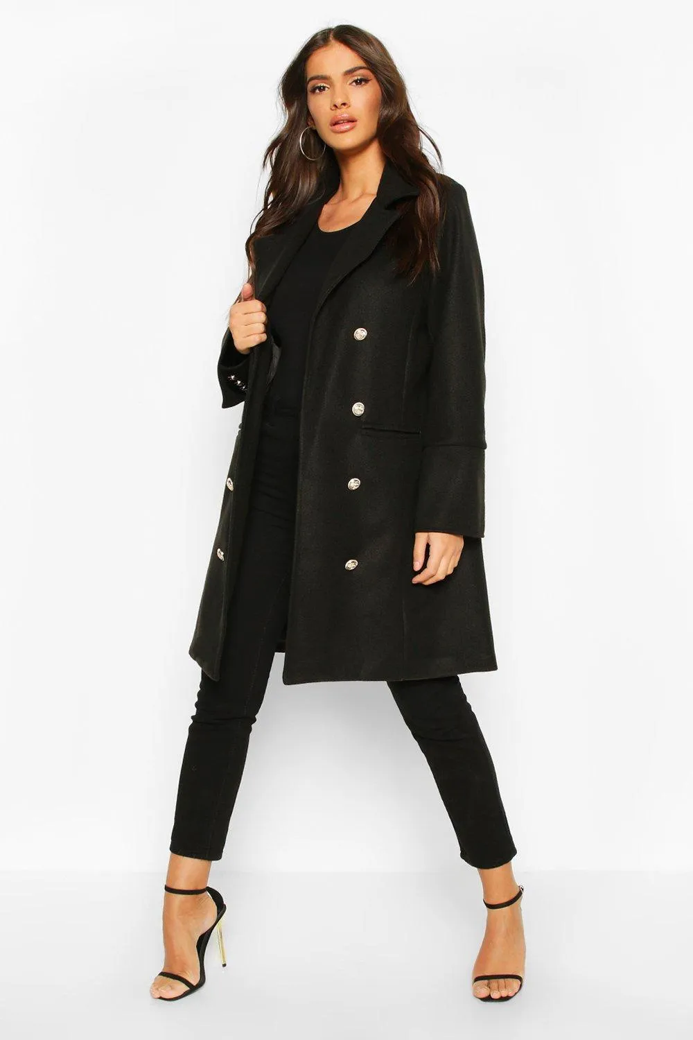 Military Button Double Breasted Wool Look Coat