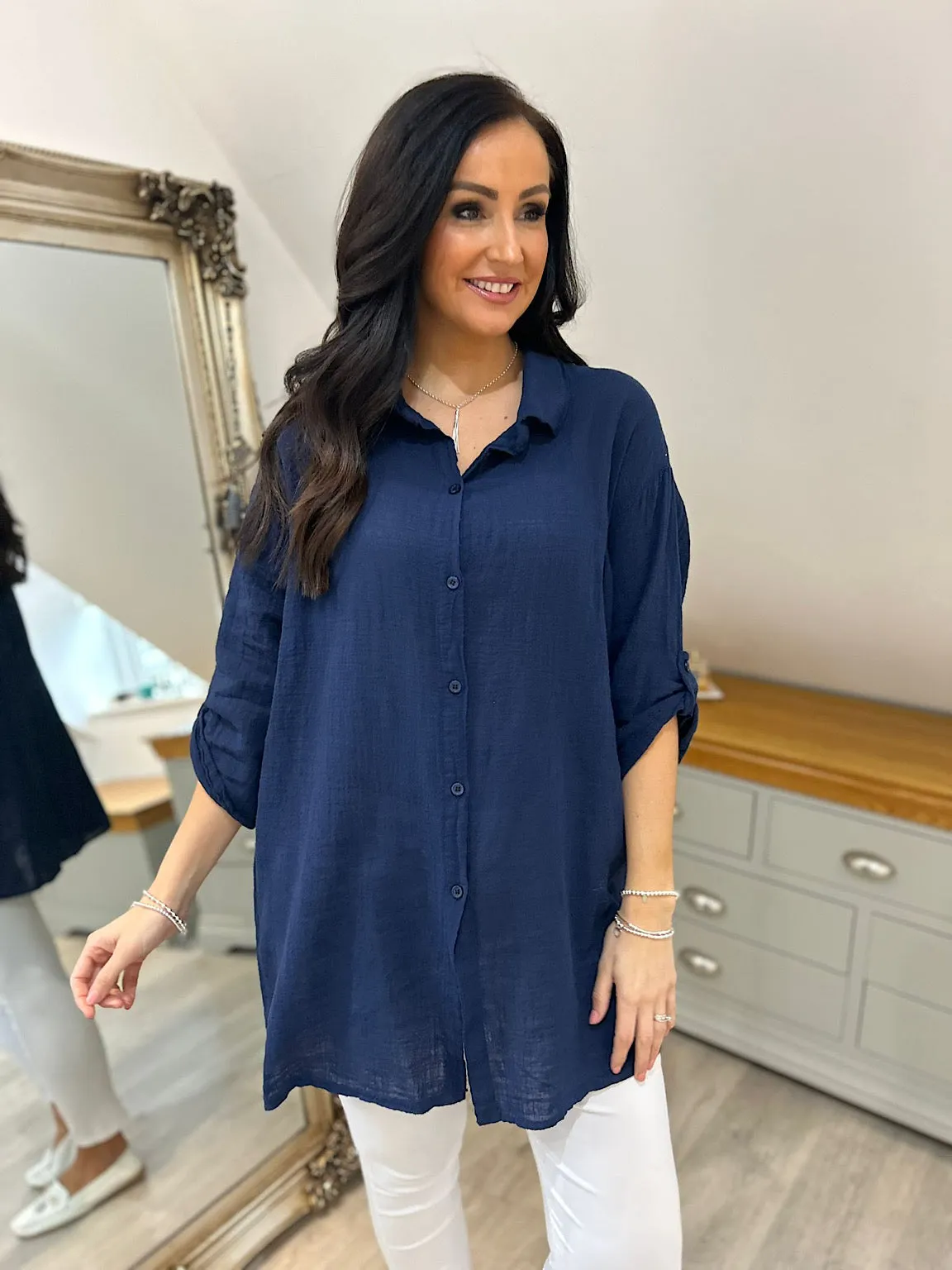 Navy Lightweight Button Sleeve Shirt Natasha