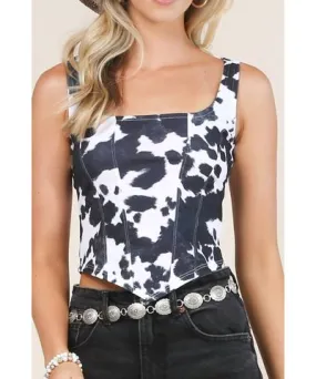 Nylon Apparel Western Cow Print Corset Tank Top In Black Cow Print