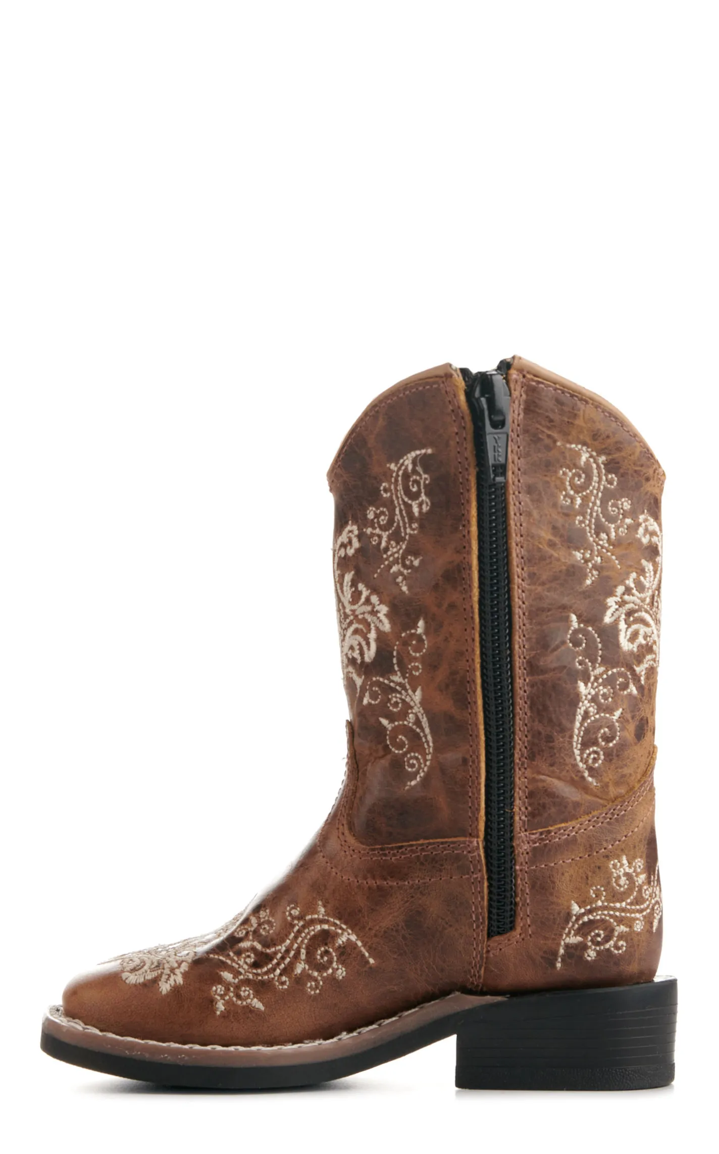 Old West Toddlers' Burnt Tan with Cream Embroidery Wide Square Toe Cowboy Boots