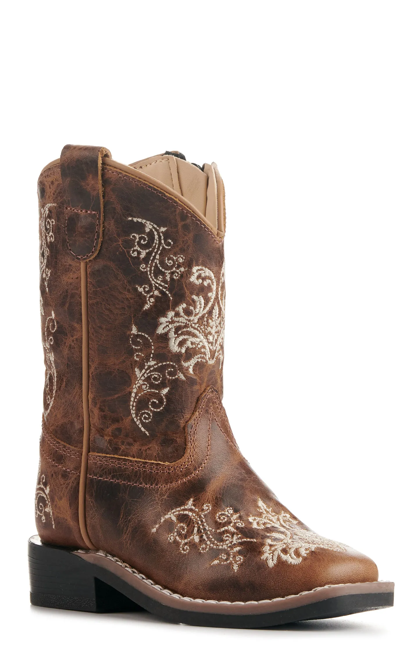 Old West Toddlers' Burnt Tan with Cream Embroidery Wide Square Toe Cowboy Boots