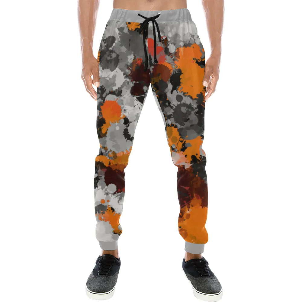 Orange and Grey Paint Splatter All Over Print Light-Weight Men's Jogger Sweatpants (Non Fleece Lined)