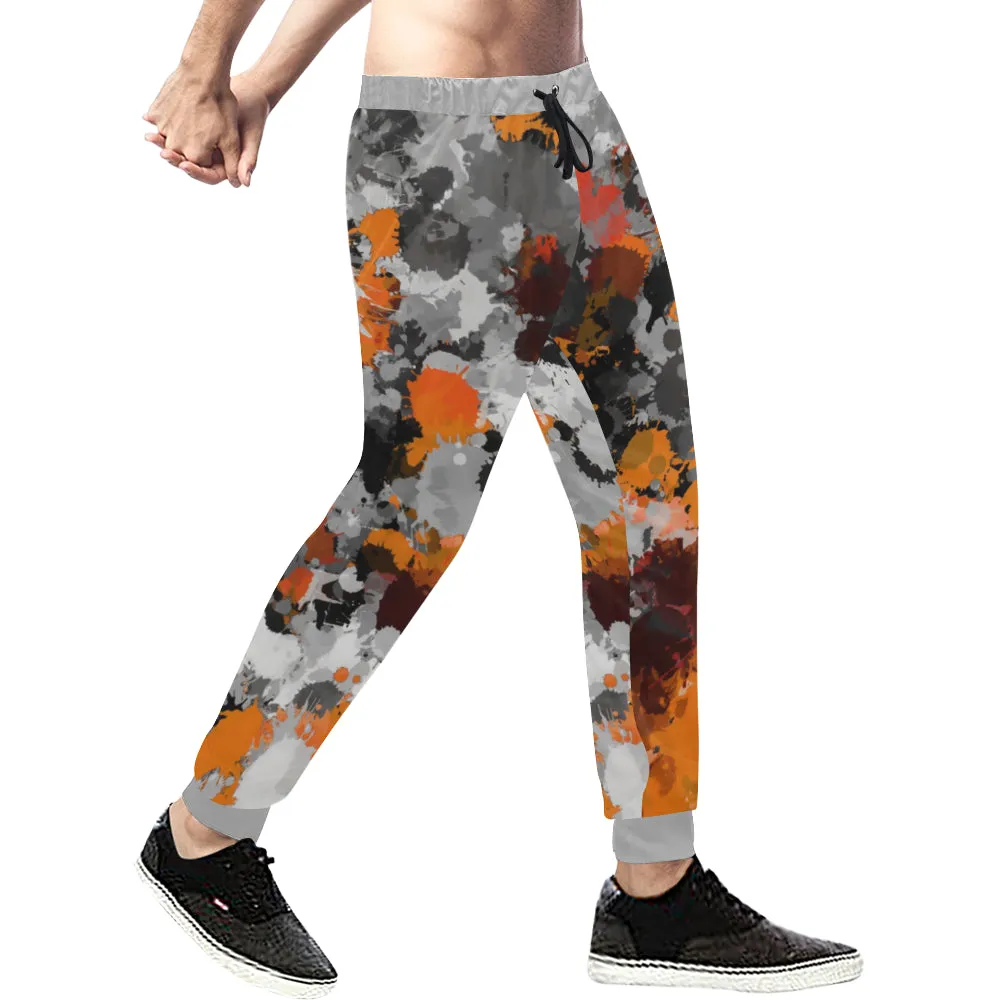 Orange and Grey Paint Splatter All Over Print Light-Weight Men's Jogger Sweatpants (Non Fleece Lined)