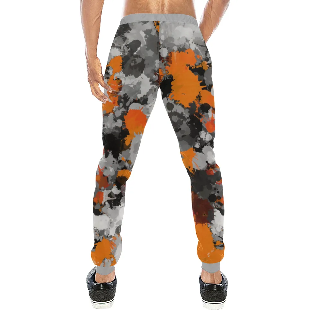 Orange and Grey Paint Splatter All Over Print Light-Weight Men's Jogger Sweatpants (Non Fleece Lined)