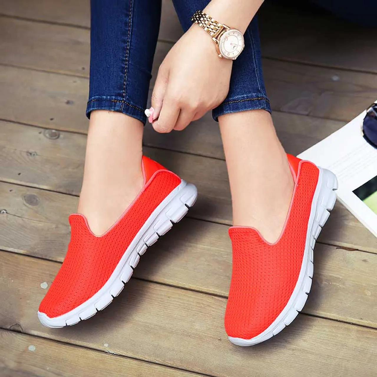 Orange mesh plain casual slip on shoe sneaker