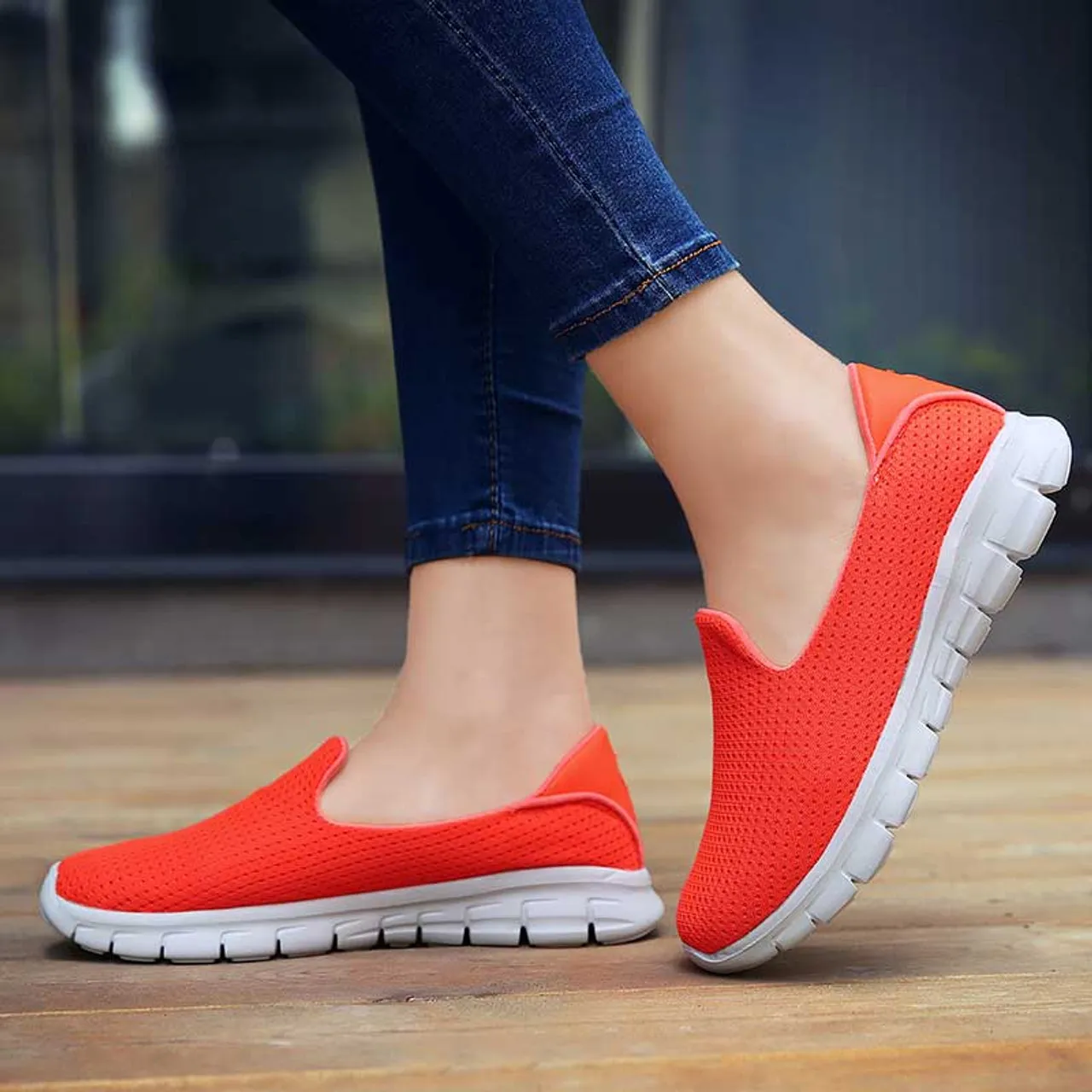 Orange mesh plain casual slip on shoe sneaker