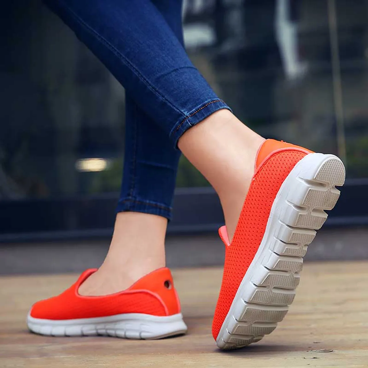 Orange mesh plain casual slip on shoe sneaker