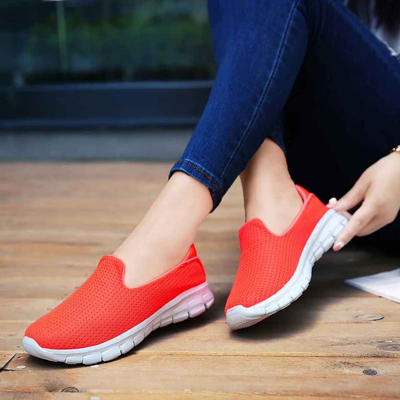 Orange mesh plain casual slip on shoe sneaker