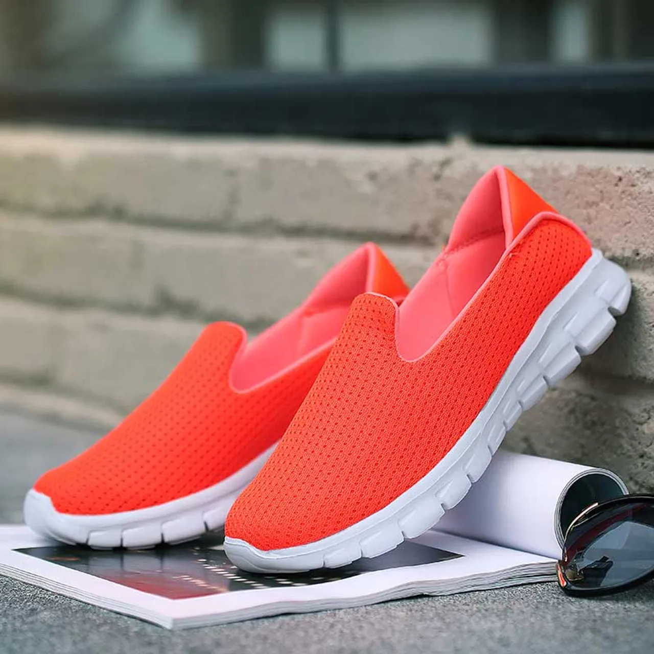 Orange mesh plain casual slip on shoe sneaker