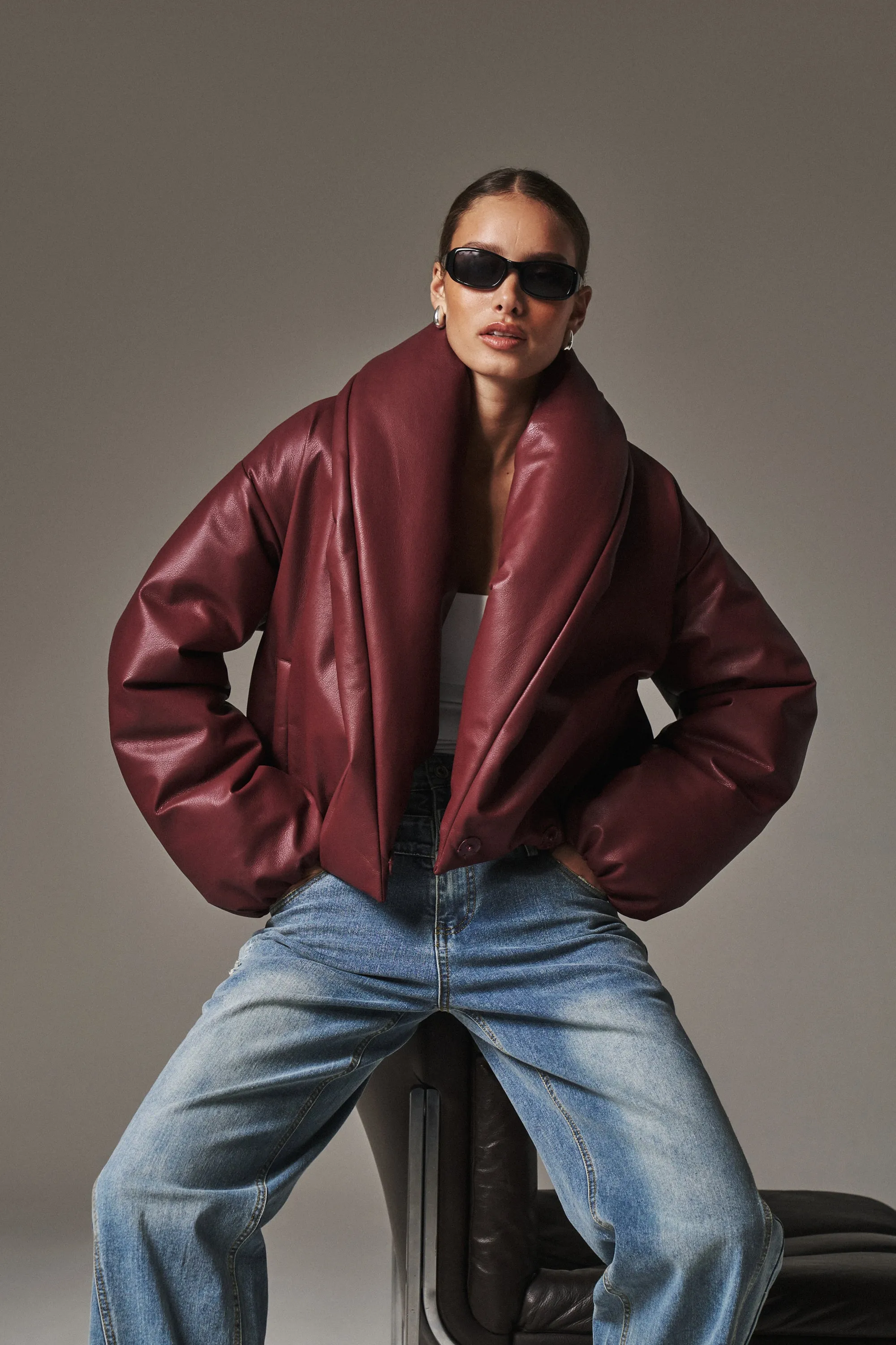 OVERSIZED COLLAR FAUX LEATHER PUFFER COAT - BURGUNDY