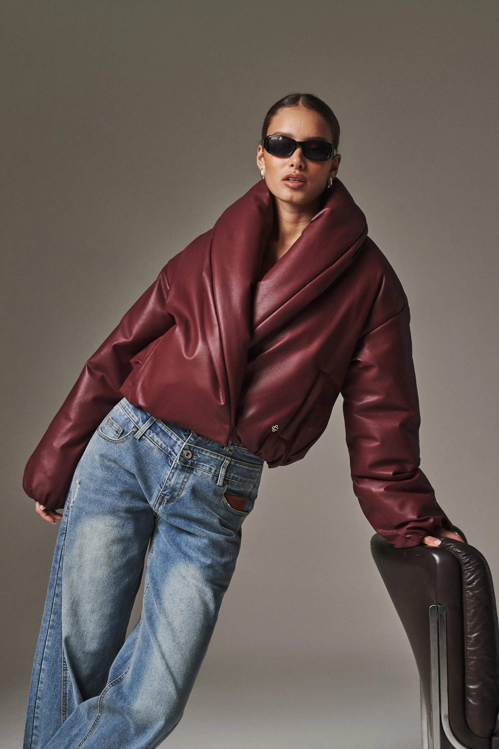 OVERSIZED COLLAR FAUX LEATHER PUFFER COAT - BURGUNDY