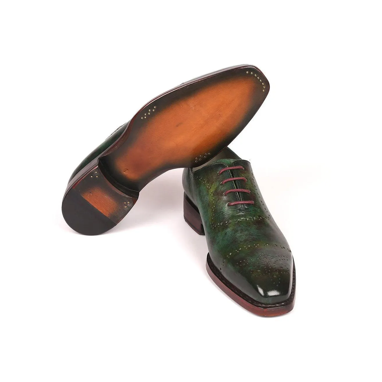 Paul Parkman 56GRN37 Men's Shoes Green Marble Patina Calf-Skin Leather Goodyear Welted Oxfords (PM6219)