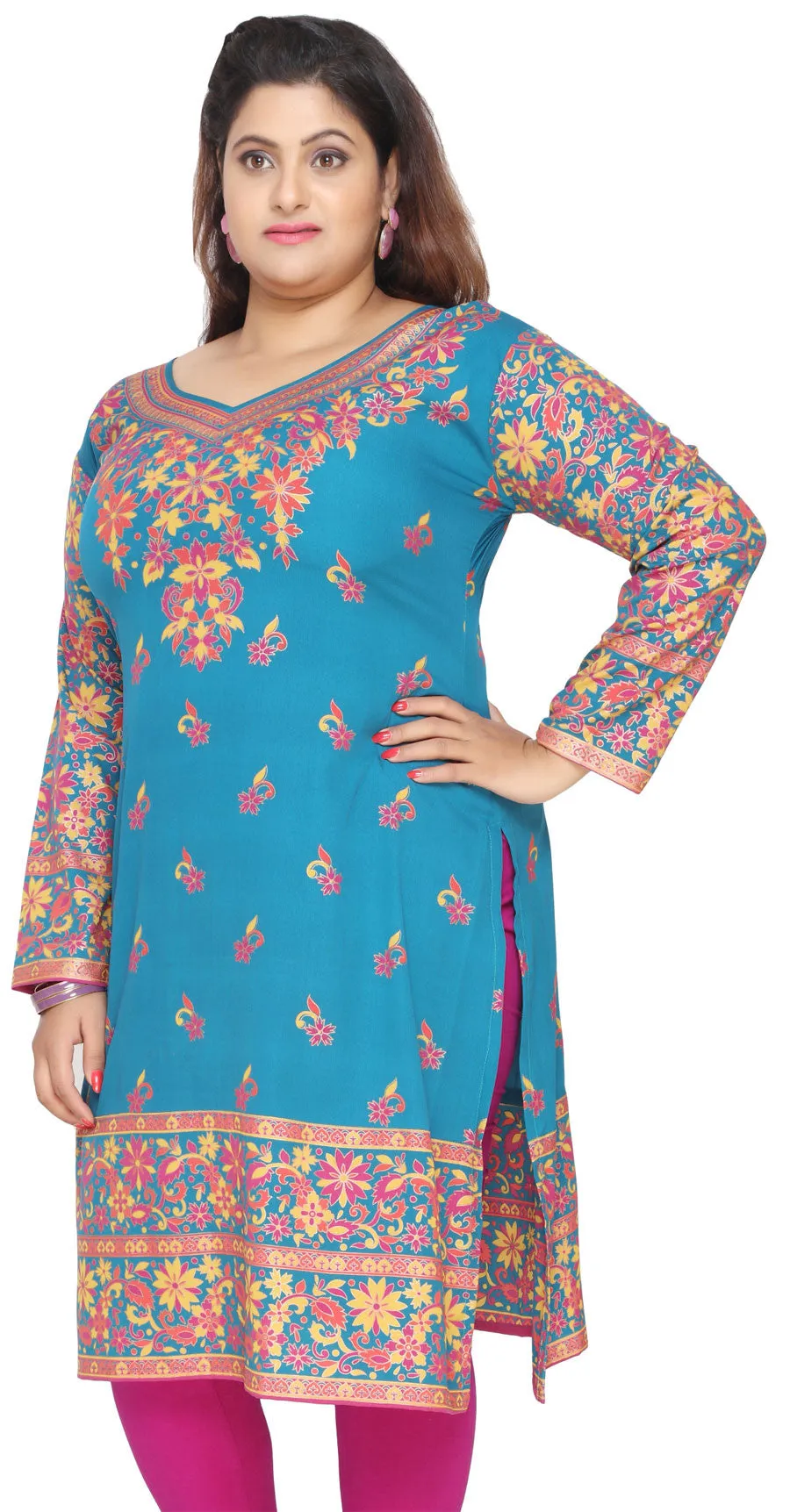 Plus Size Womens Indian Tunics Kurti Long Top Apparel (Blue)