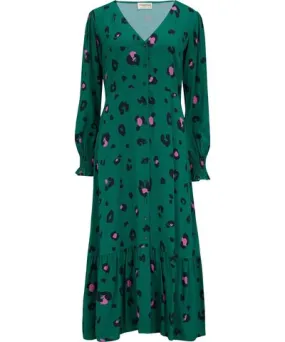 Sugarhill Brighton Women's Gwen Midi Tiered Dress Green, Colour Pop Leopard