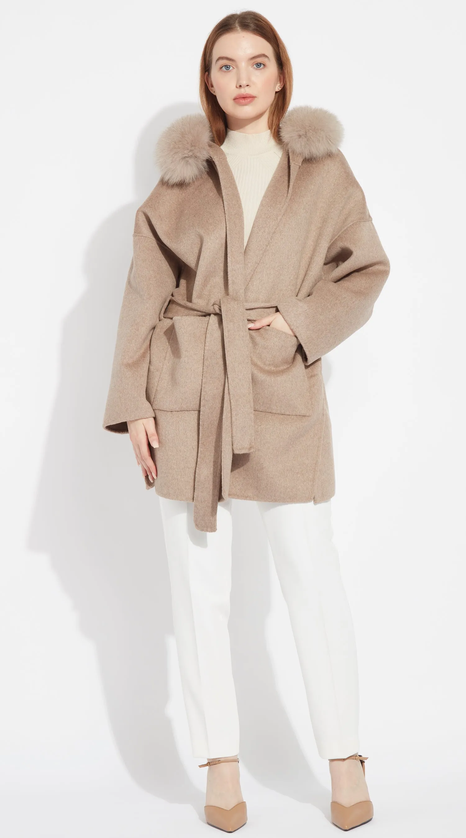 The London Cashmere & Fox Fur Belted Coat - Taupe