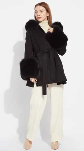 The London Cashmere & Fox Fur Belted/Cuffed Coat - Black