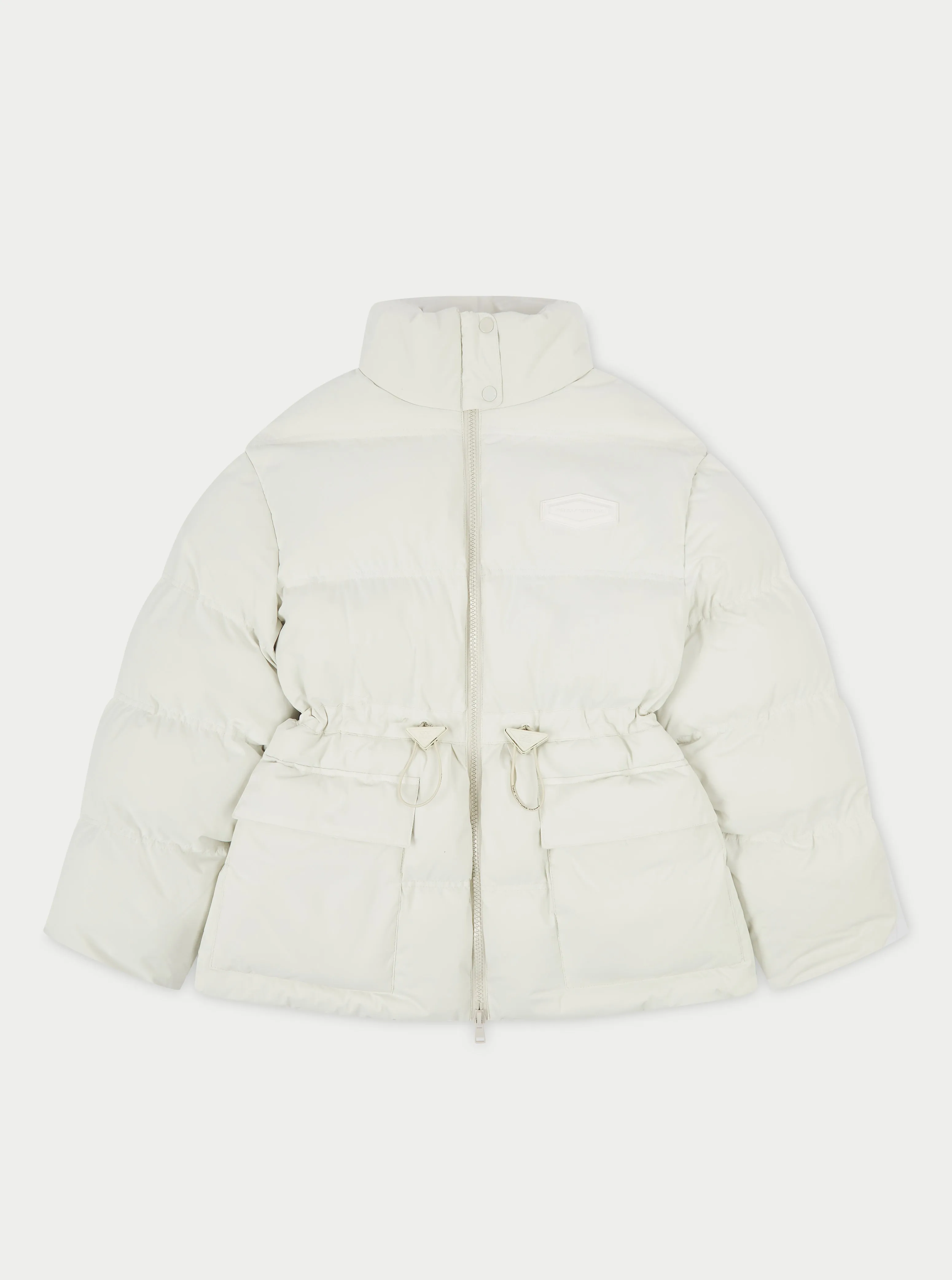 TIE WAIST PLEATED PUFFER COAT - OFF WHITE