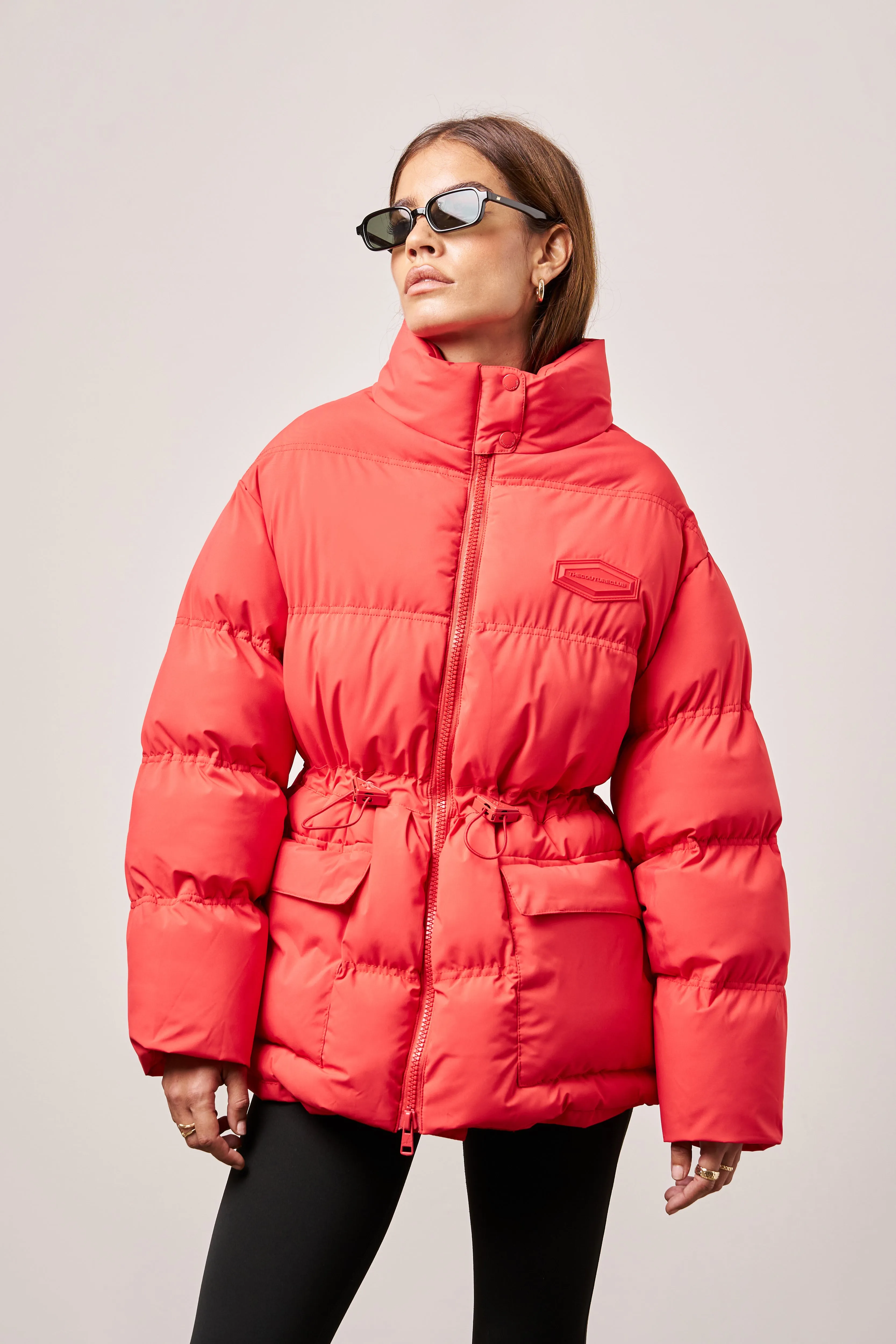 TIE WAIST PLEATED PUFFER COAT - RED