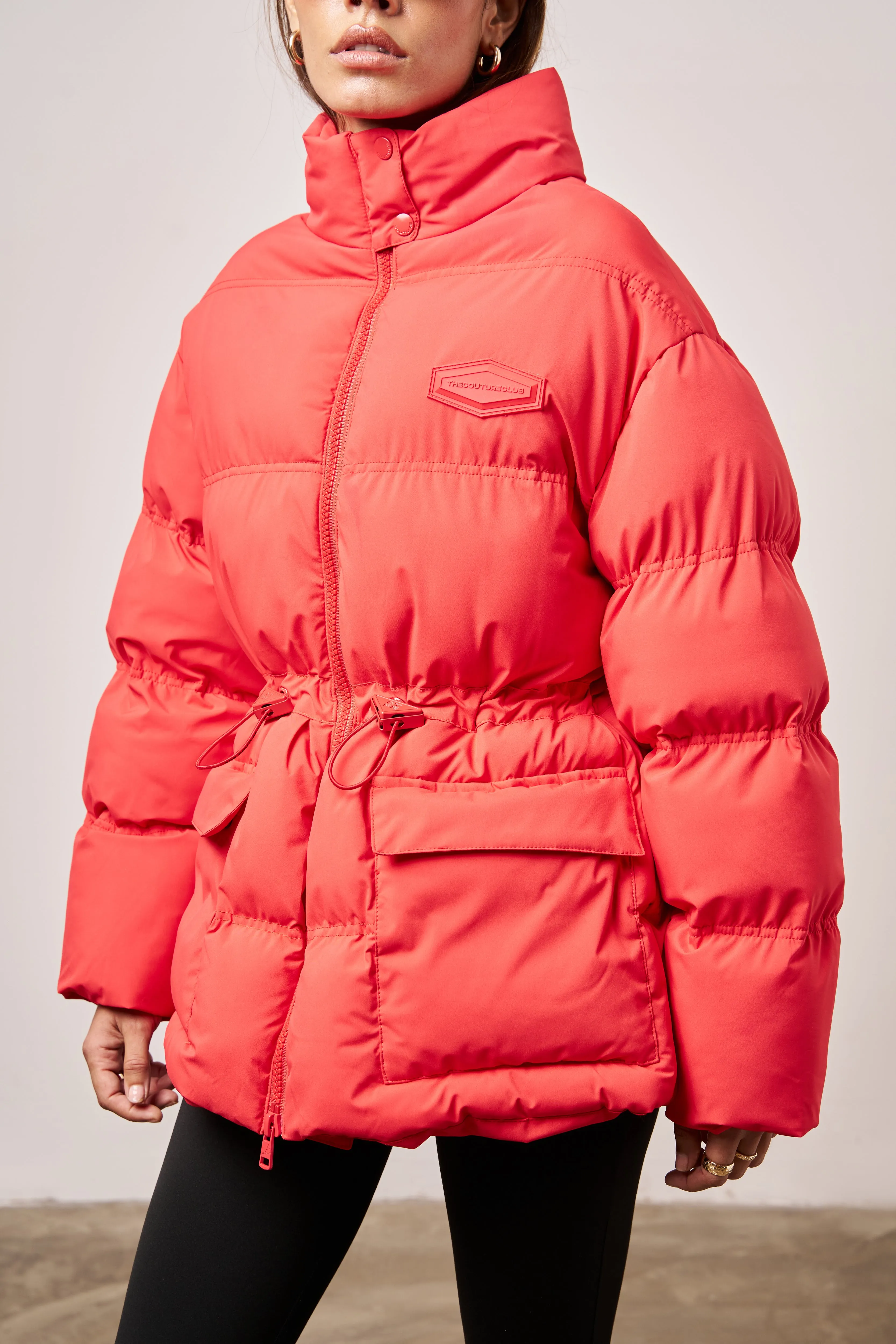 TIE WAIST PLEATED PUFFER COAT - RED