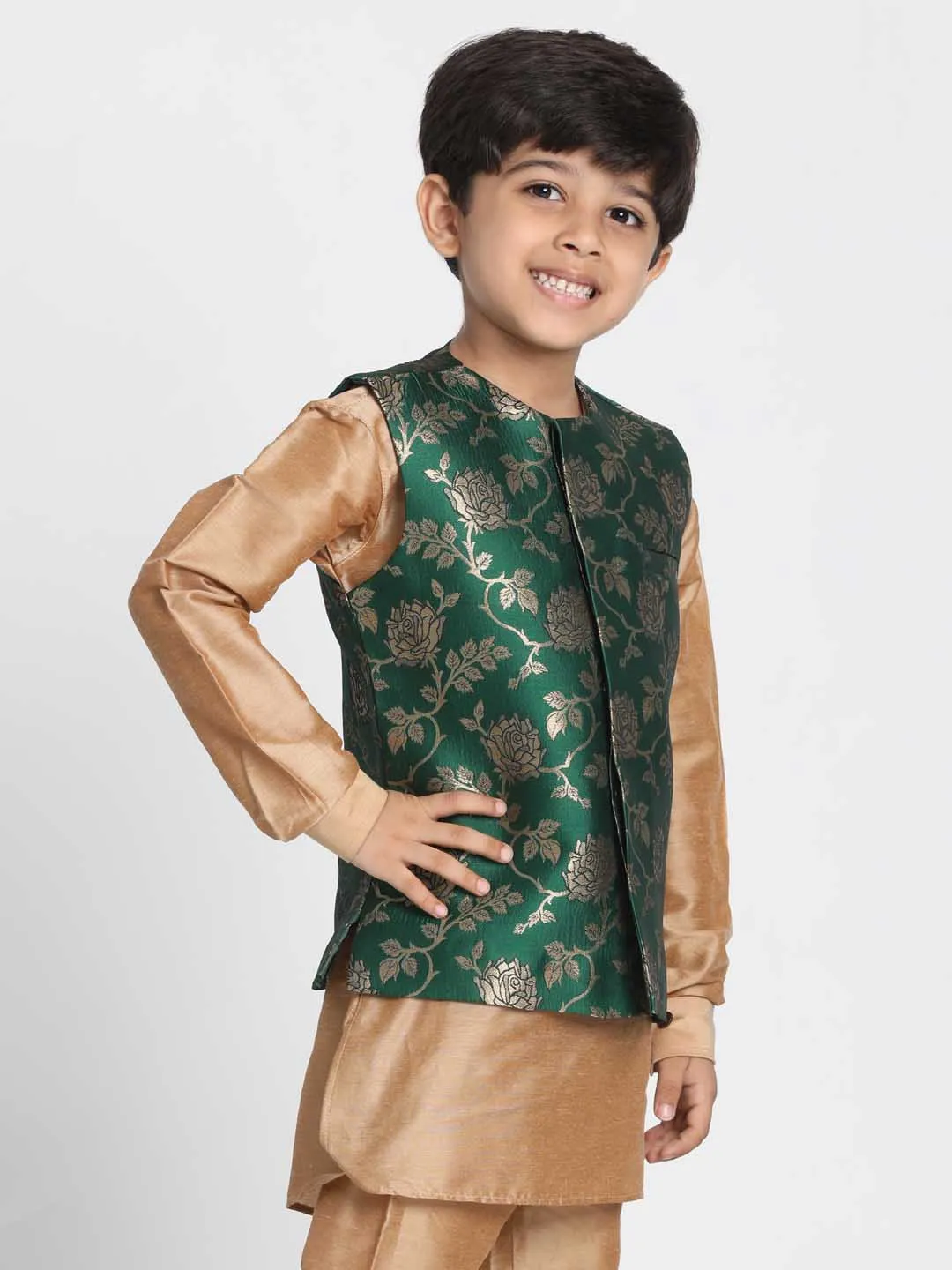 Vastramay Boys' Dark Green Cotton Silk Blend Nehru Jacket