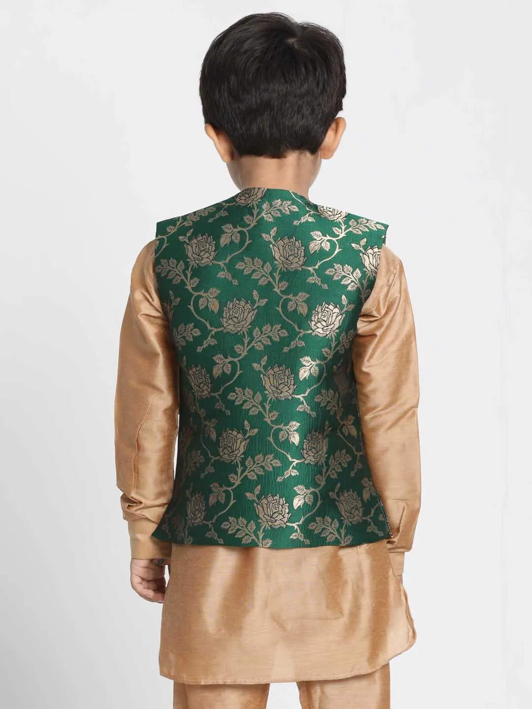 Vastramay Boys' Dark Green Cotton Silk Blend Nehru Jacket