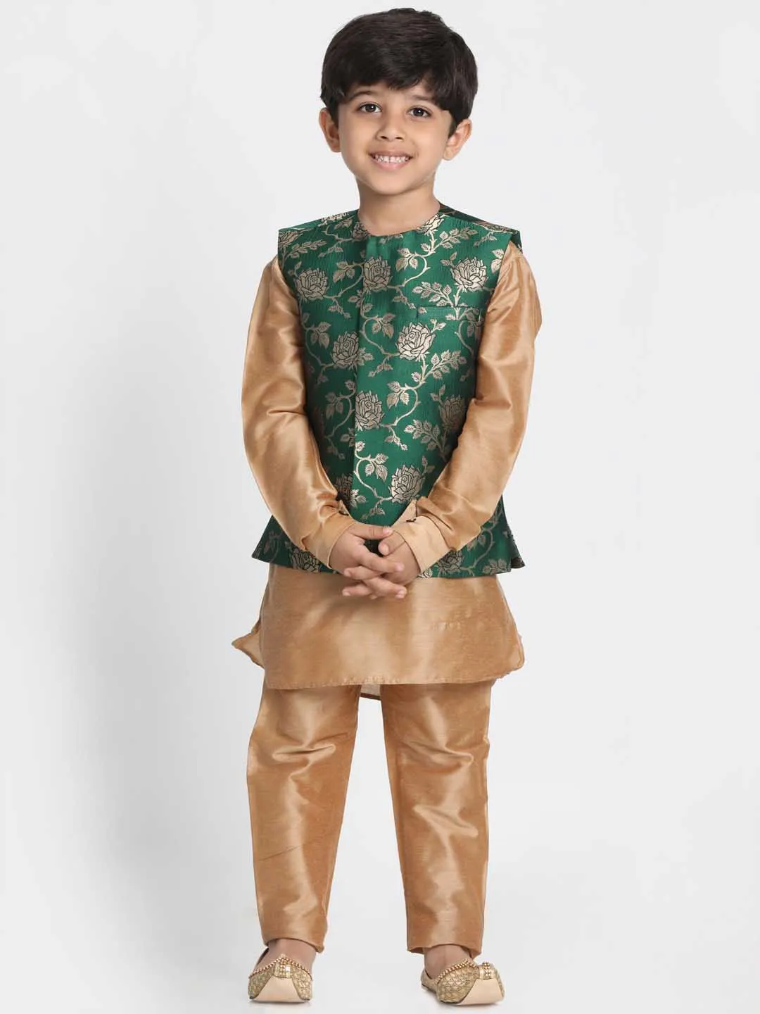 Vastramay Boys' Dark Green Cotton Silk Blend Nehru Jacket